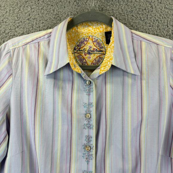 Robert Graham Flip Cuff Shirt Womens Small Blue Embroidered Floral Striped Top - Picture 2 of 11